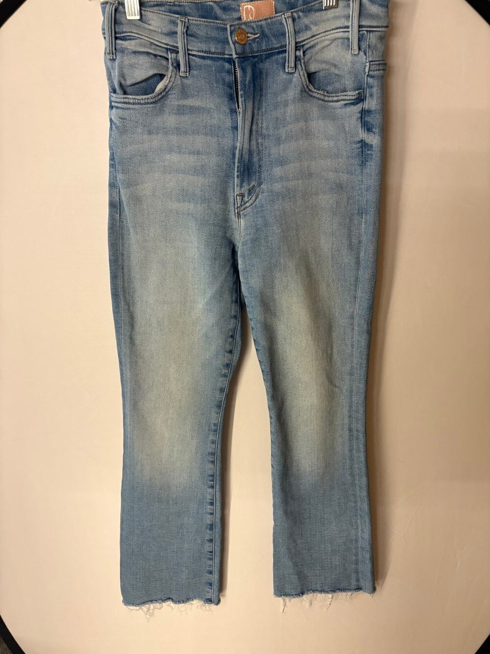 MOTHER The Hustler Ankle Fray Blue Denim Raw Hem Crop Flared Jeans